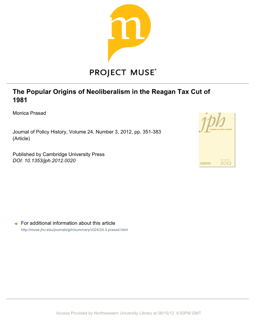 The Popular Origins of Neoliberalism in the Reagan Tax Cut of 1981