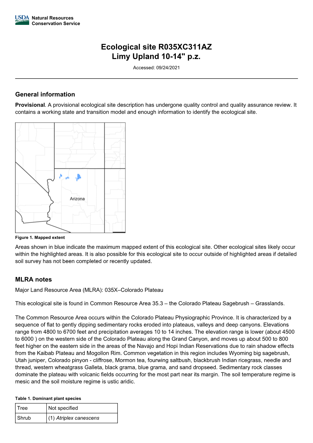 Ecological Site R035XC311AZ Limy Upland 10-14" P.Z