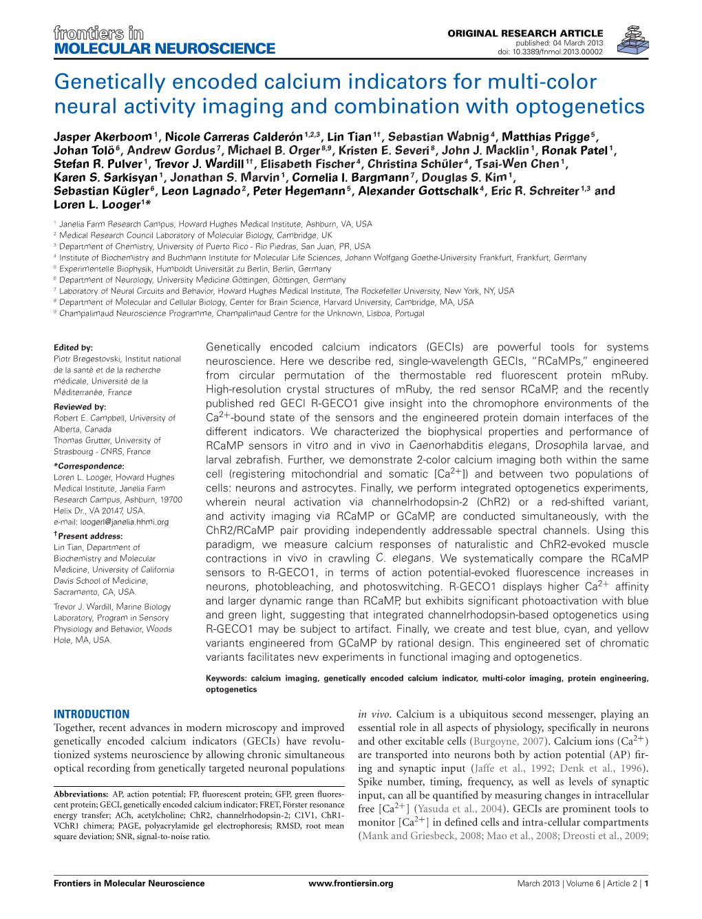 Genetically Encoded Calcium Indicators for Multi-Color Neural Activity Imaging and Combination with Optogenetics