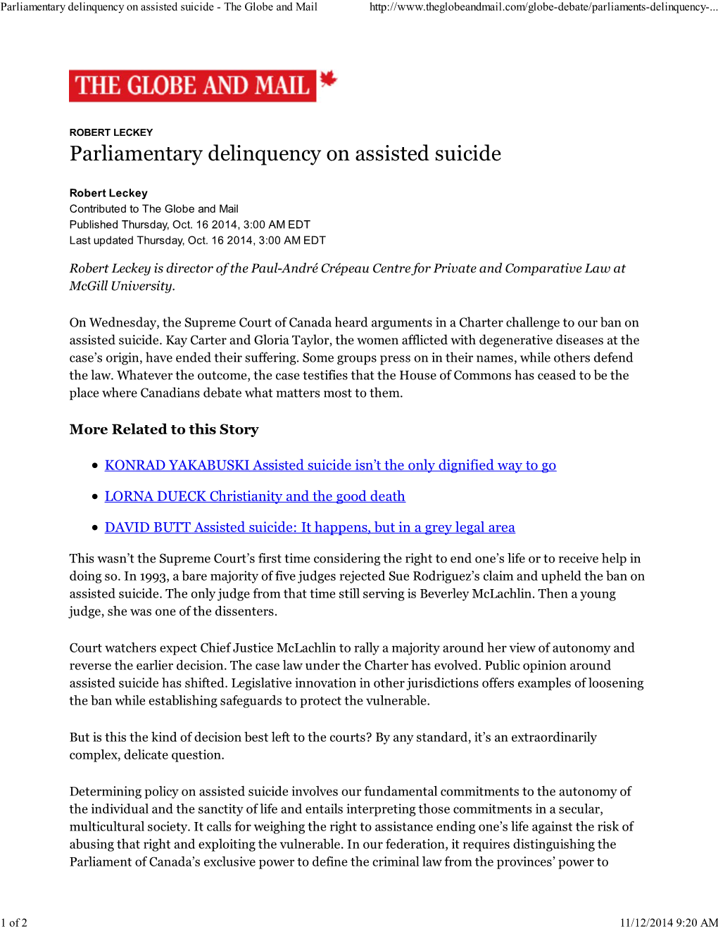 Parliamentary Delinquency on Assisted Suicide - the Globe and Mail