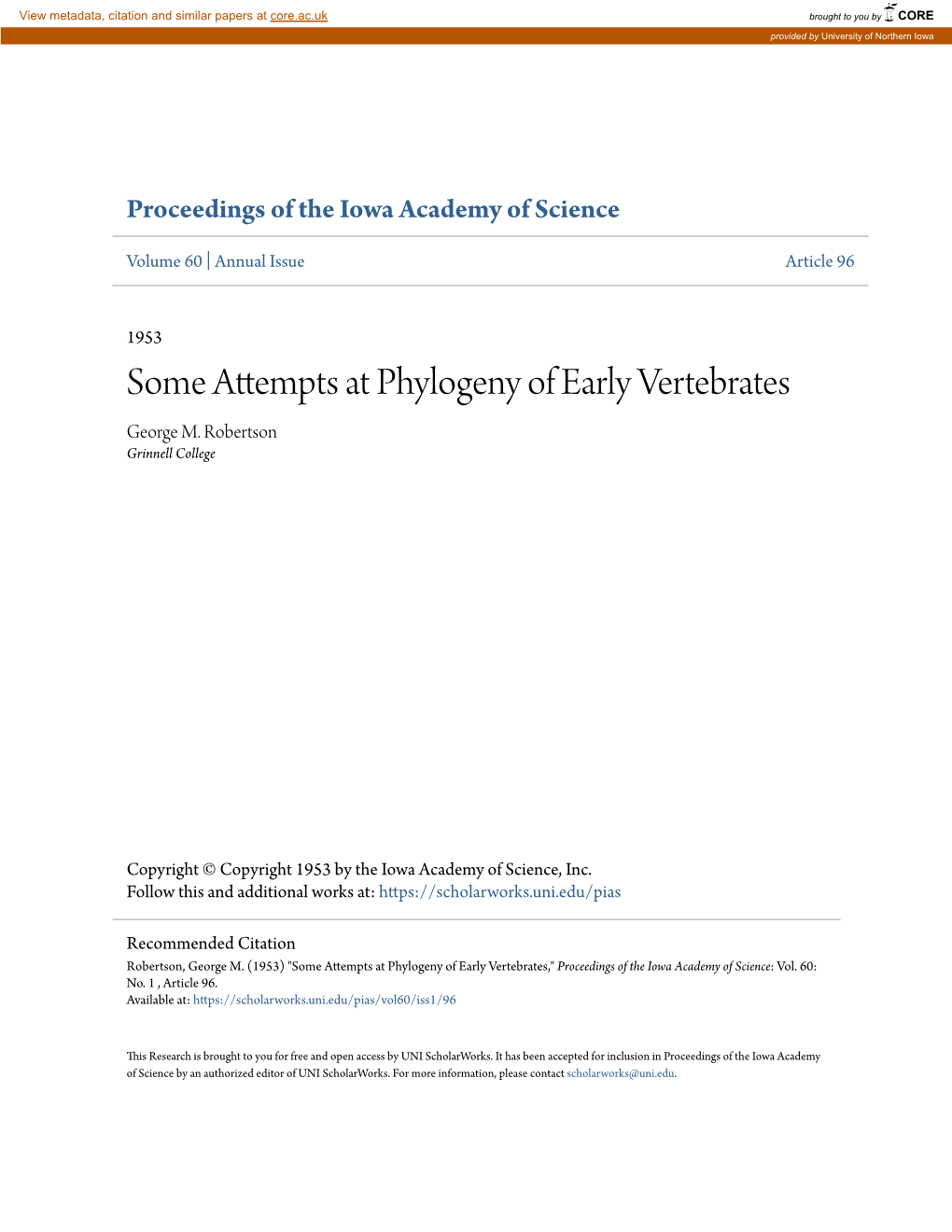 Some Attempts at Phylogeny of Early Vertebrates George M