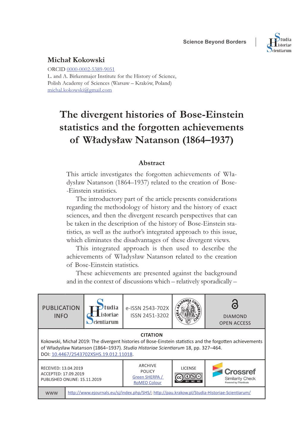 The Divergent Histories of Bose-Einstein Statistics and the Forgotten Achievements of Władysław Natanson (1864–1937)