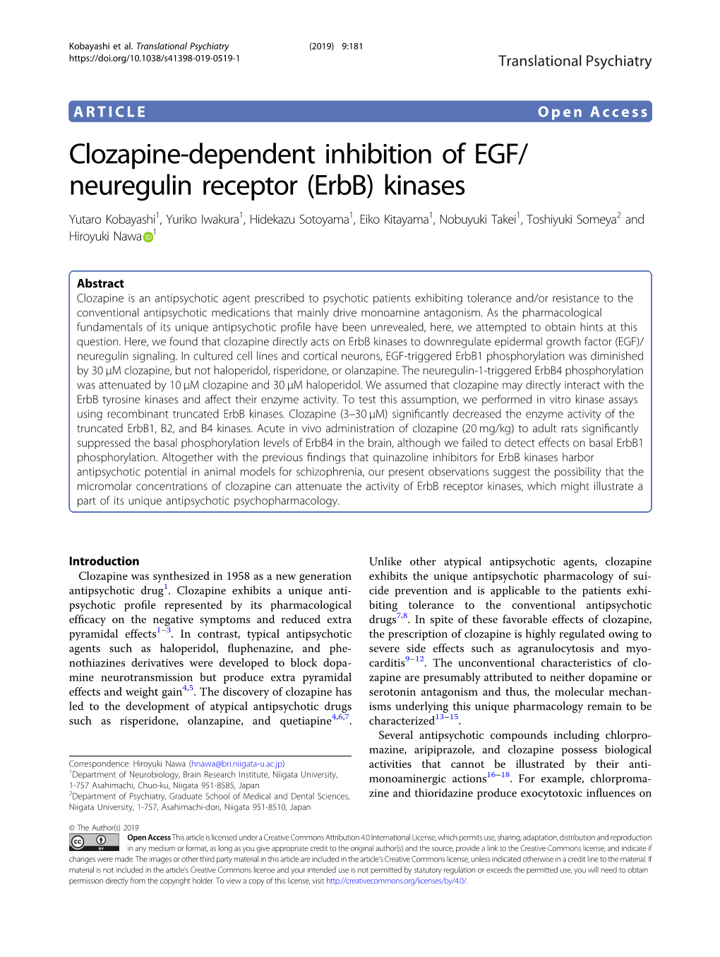 Clozapine-Dependent Inhibition of EGF/Neuregulin Receptor (Erbb)