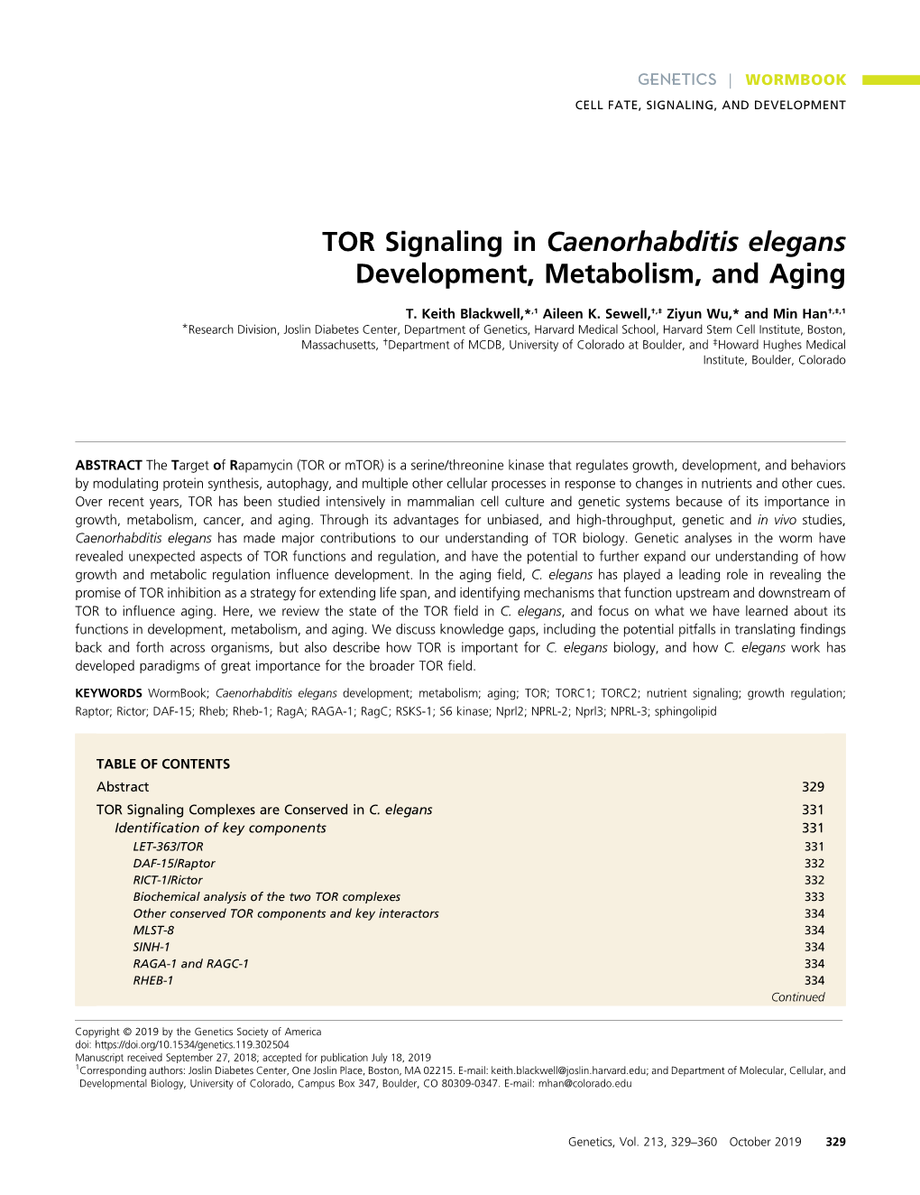 TOR Signaling in Caenorhabditis Elegans Development, Metabolism, and Aging