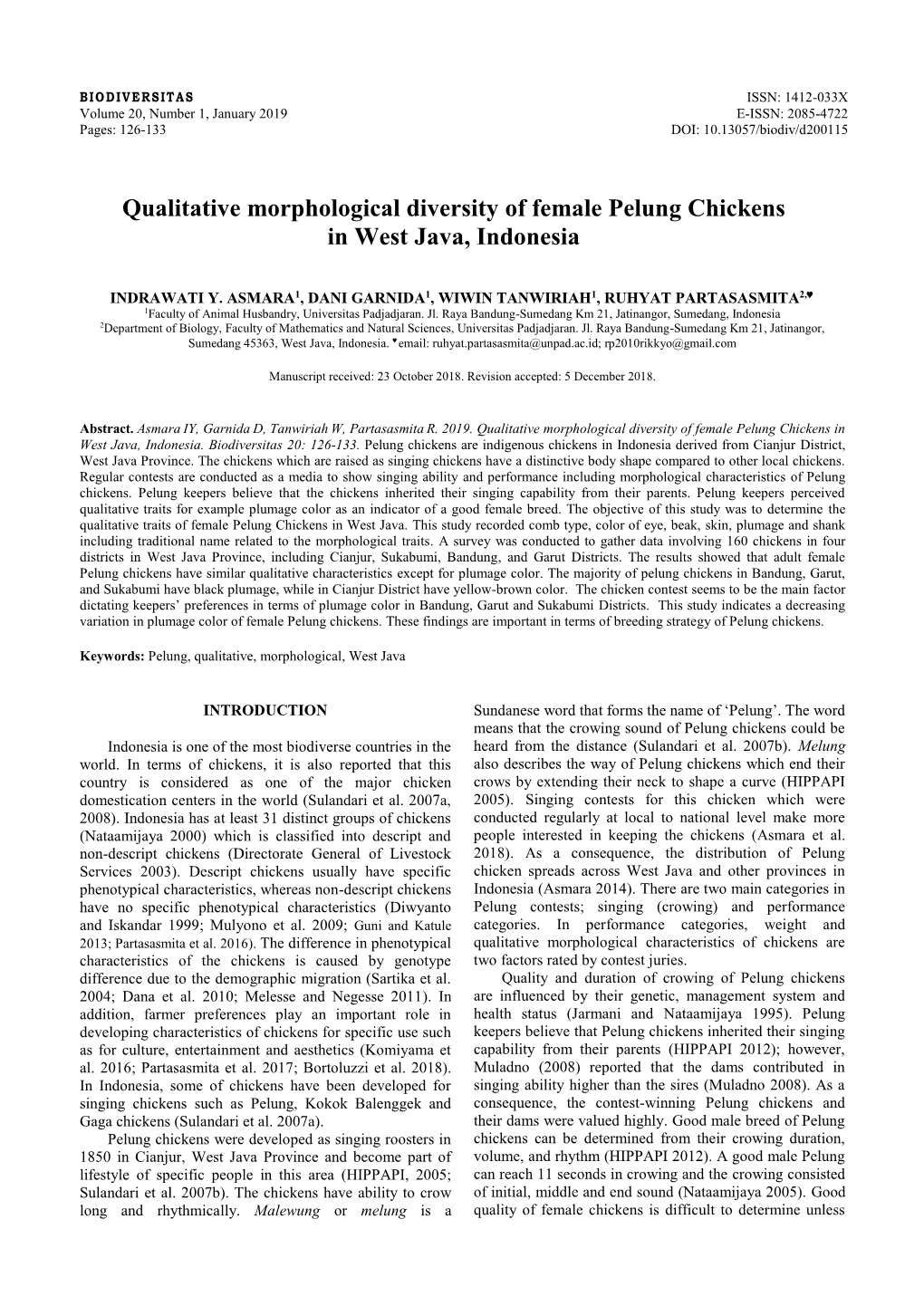 Qualitative Morphological Diversity of Female Pelung Chickens in West Java, Indonesia