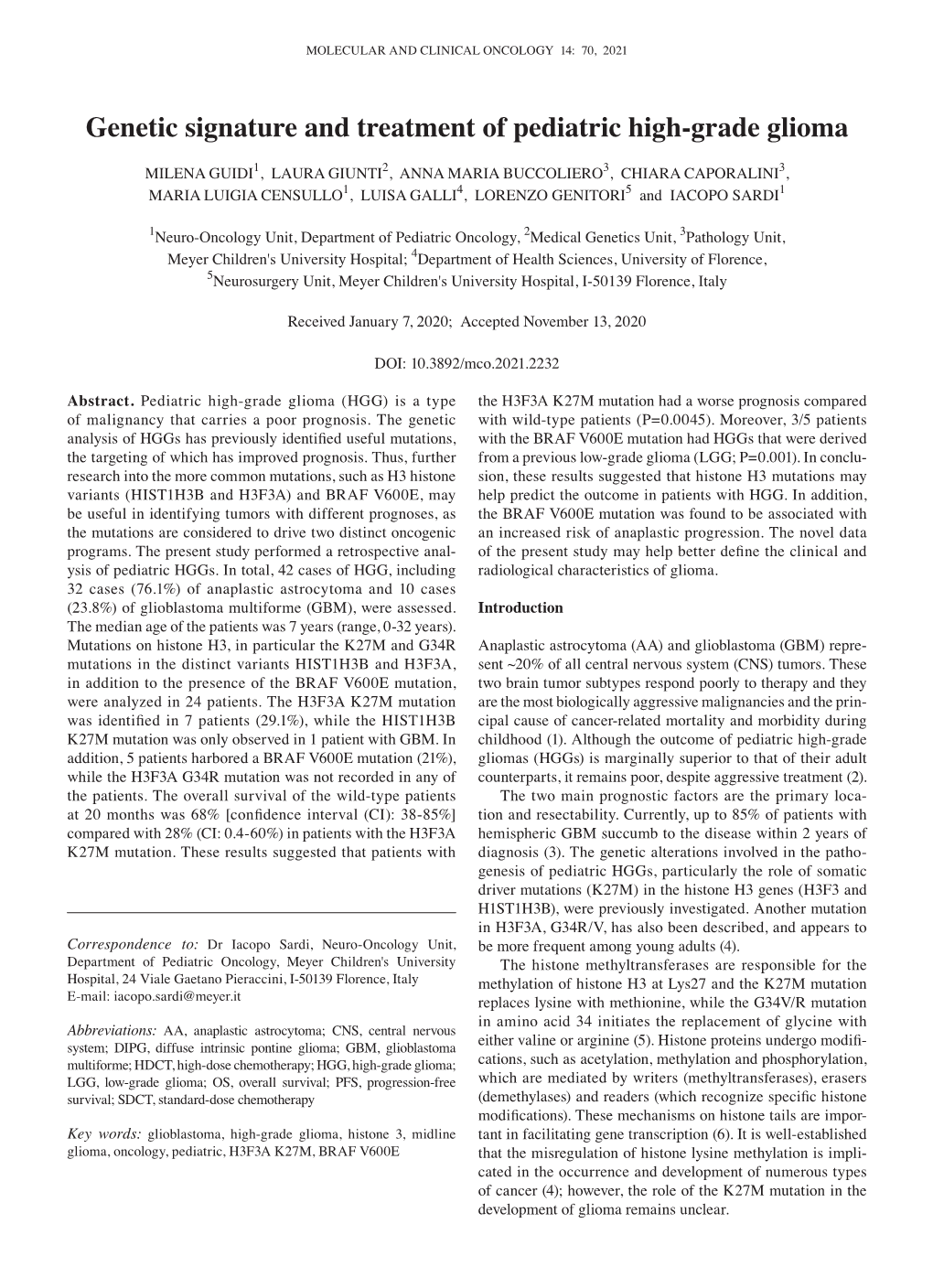 Genetic Signature and Treatment of Pediatric High‑Grade Glioma