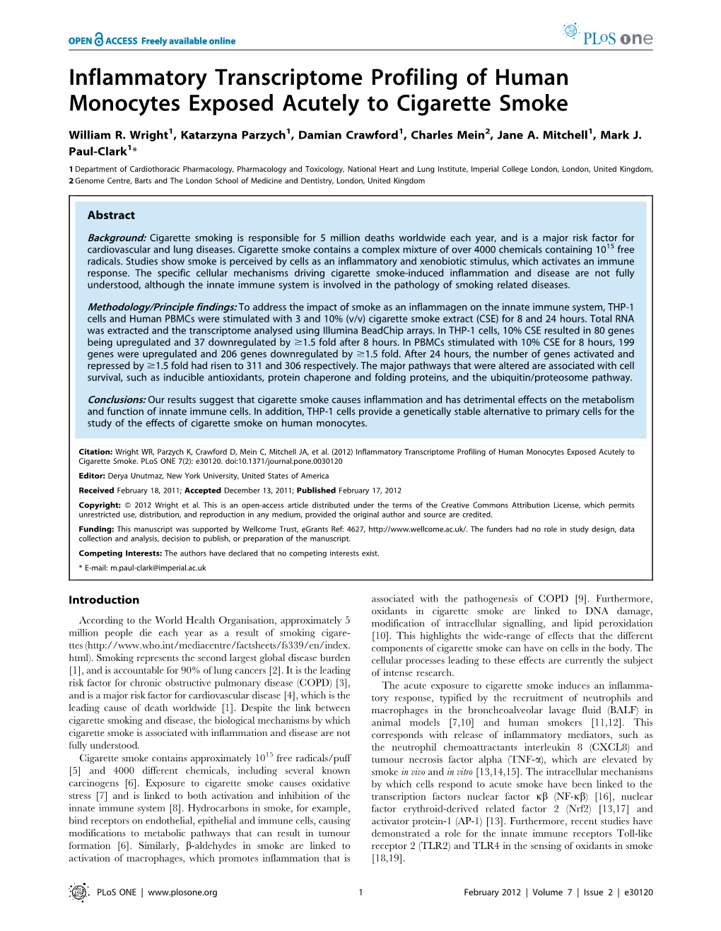 Inflammatory Transcriptome Profiling of Human Monocytes Exposed Acutely to Cigarette Smoke