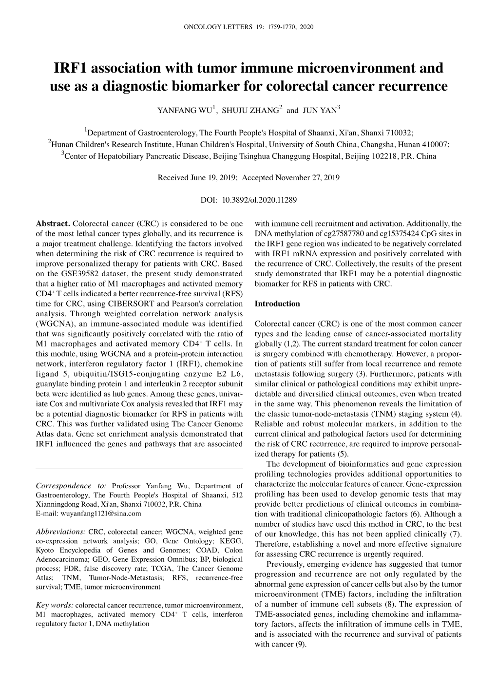 IRF1 Association with Tumor Immune Microenvironment and Use As a Diagnostic Biomarker for Colorectal Cancer Recurrence