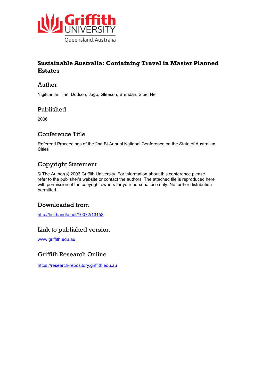 Sustainable Australia: Containing Travel in Master Planned Estates
