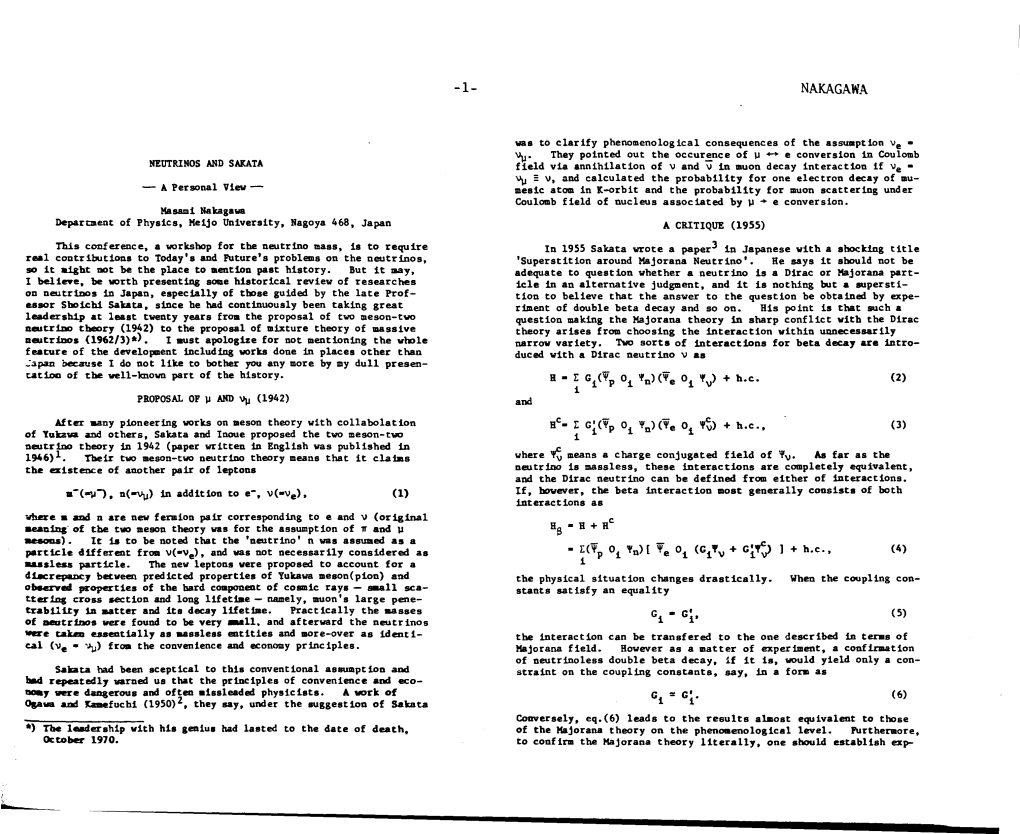 NEUTRINOS and SAKATA Field Via Annihilation of V and V in Muon Decay Interaction If Ve ­ 'Ij =V