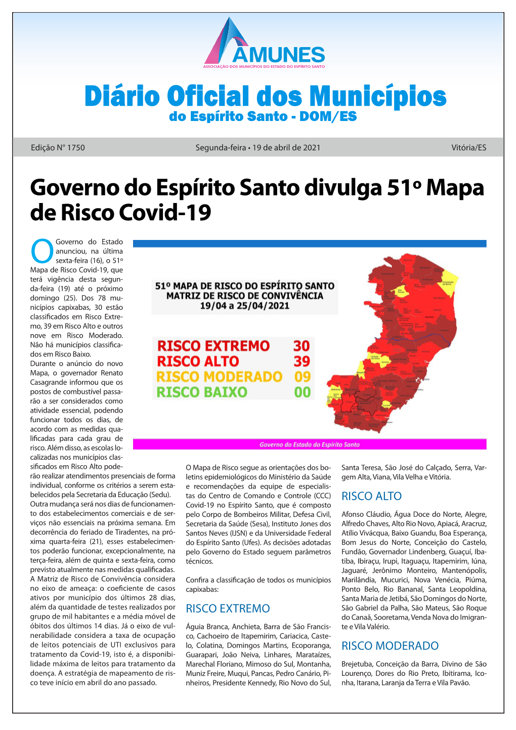 Governo Do Espírito Santo Divulga 51º Mapa De Risco Covid-19