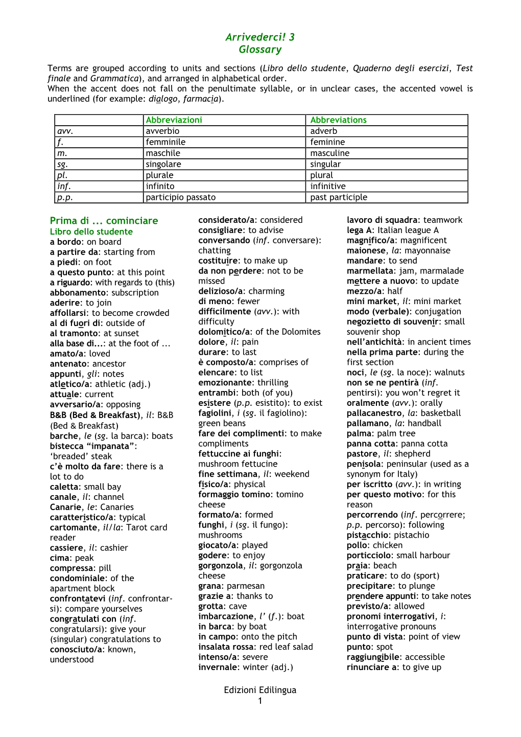 Arrivederci! 3 Glossary