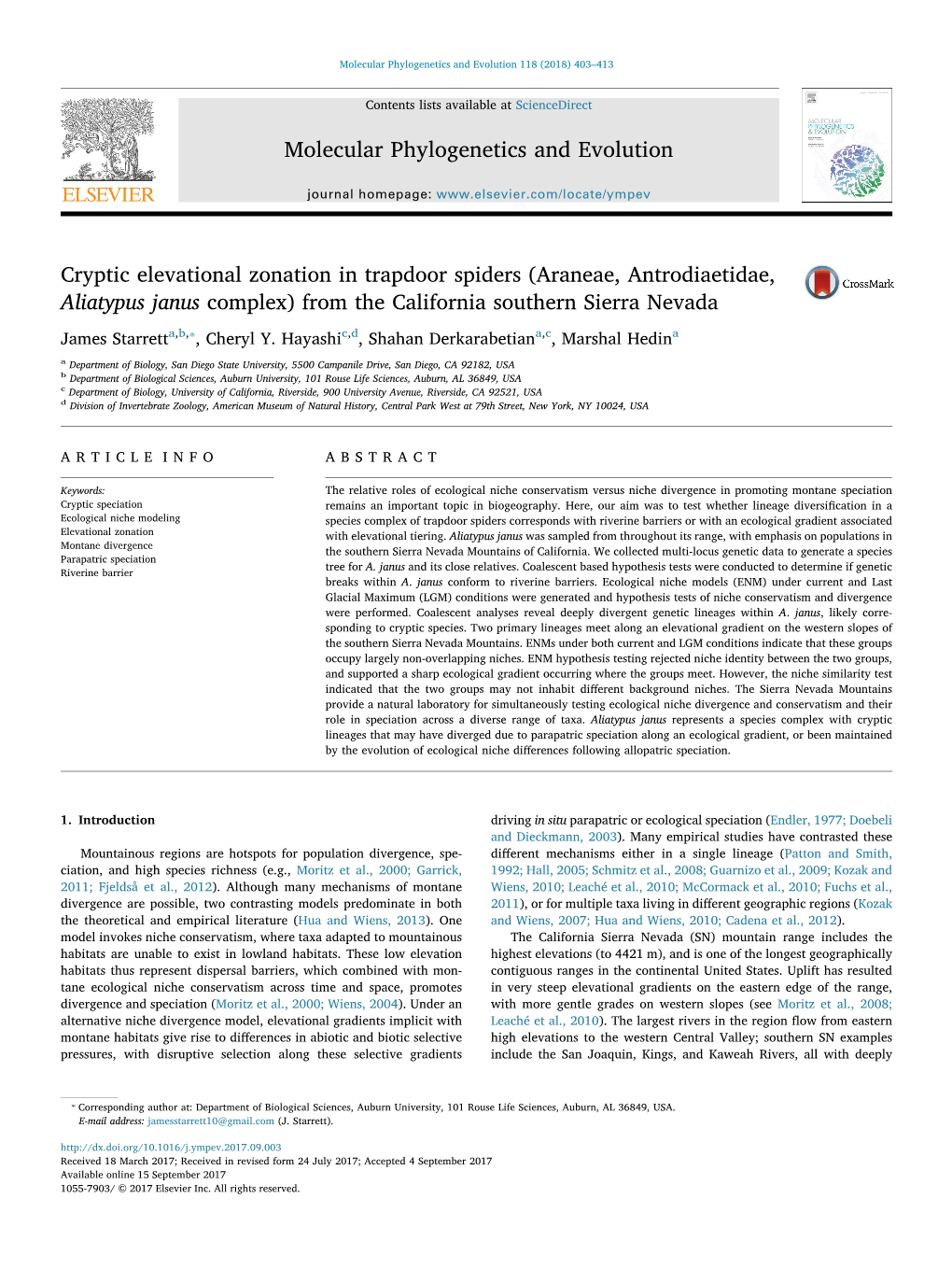 Cryptic Elevational Zonation in Trapdoor Spiders (Araneae