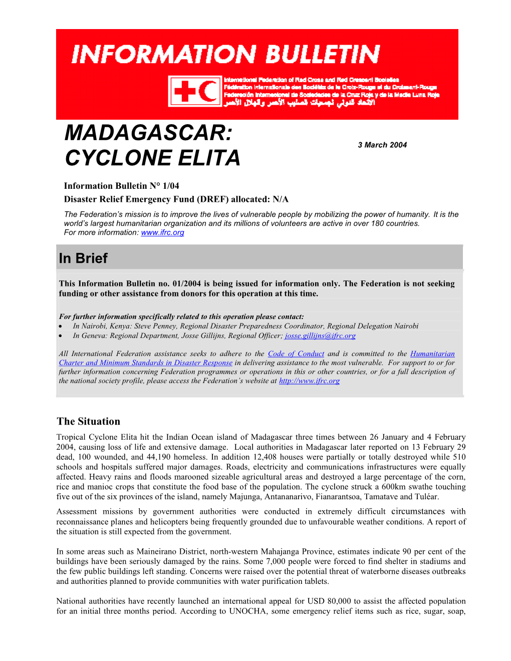 Madagascar: Cyclone Elita; Information Bulletin No