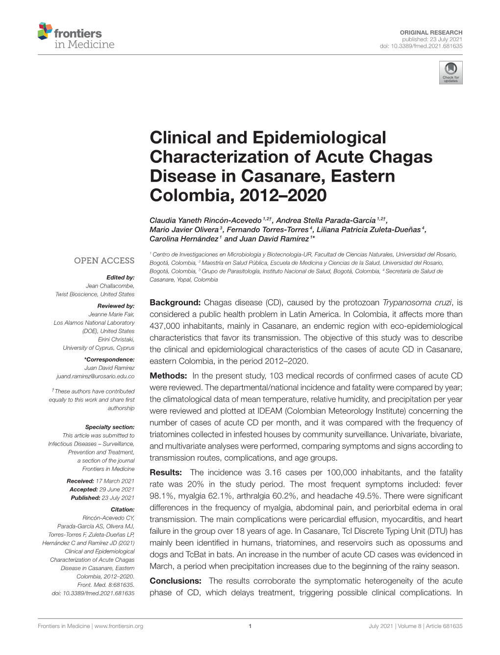 Clinical and Epidemiological Characterization of Acute Chagas Disease in Casanare, Eastern Colombia, 2012–2020