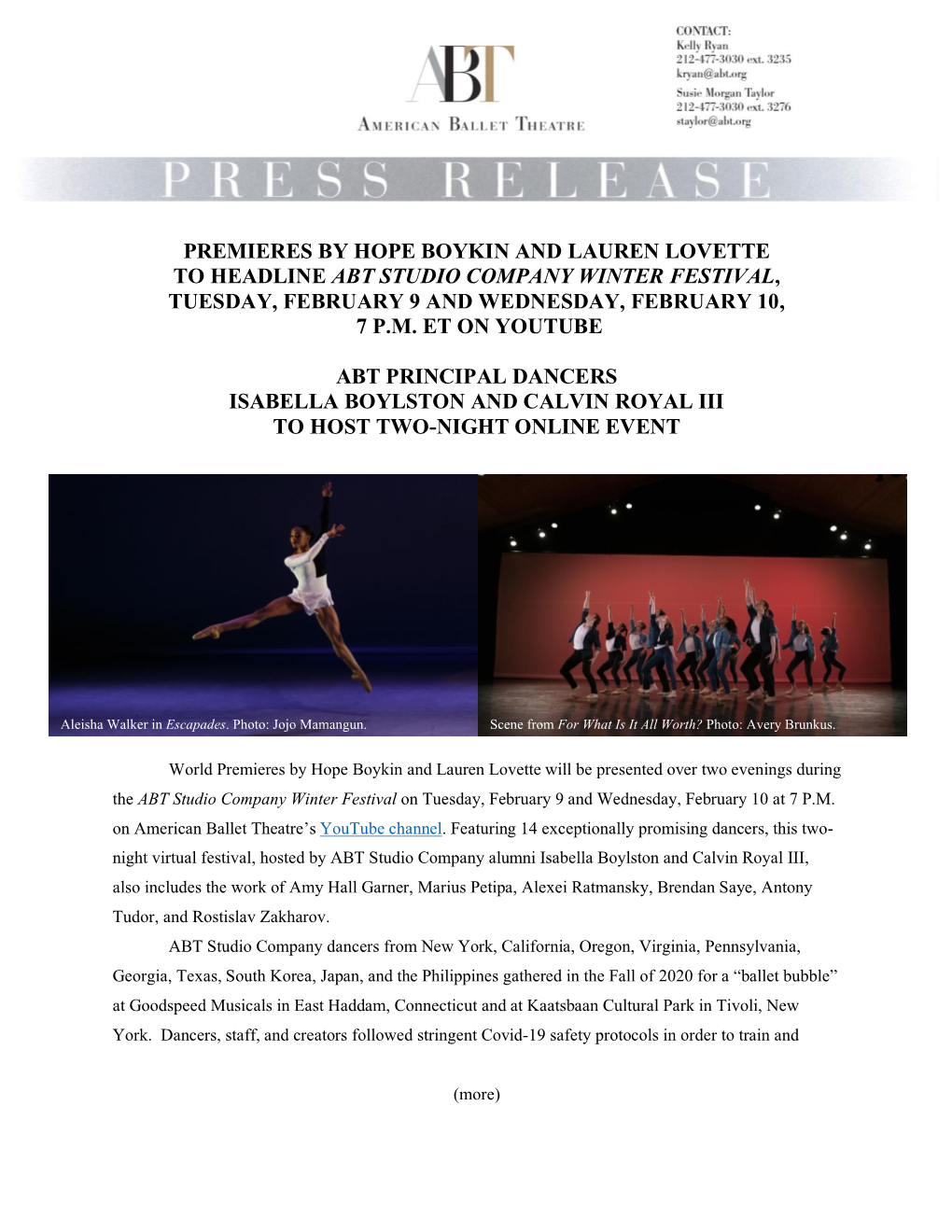 Abt Studio Company Winter Festival, Tuesday, February 9 and Wednesday, February 10, 7 P.M