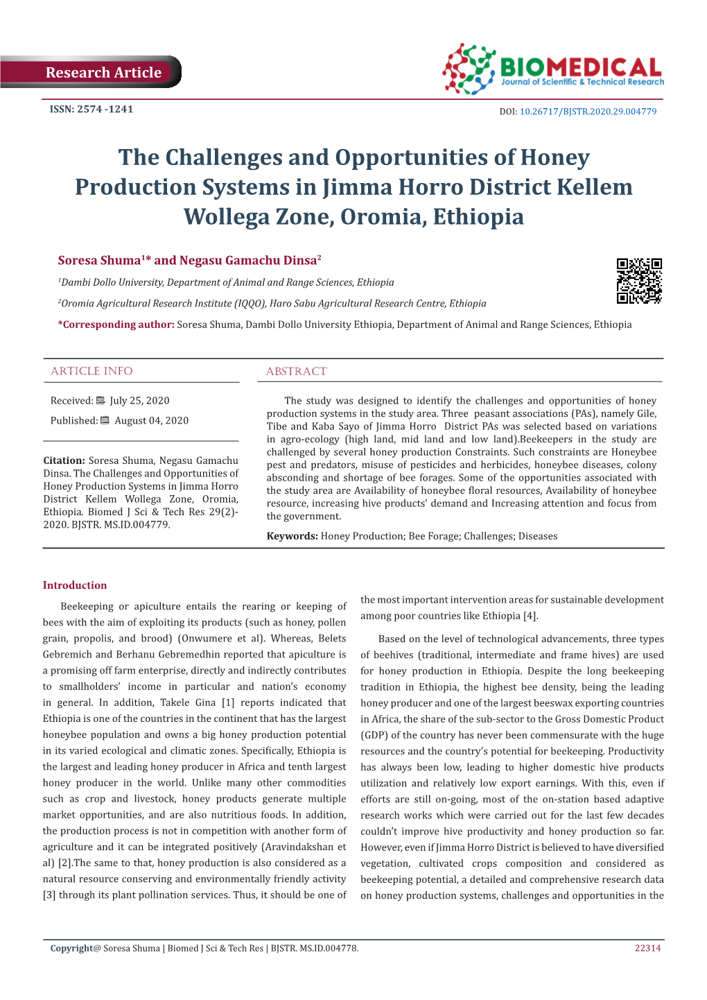 The Challenges and Opportunities of Honey Production Systems in Jimma Horro District Kellem Wollega Zone, Oromia, Ethiopia