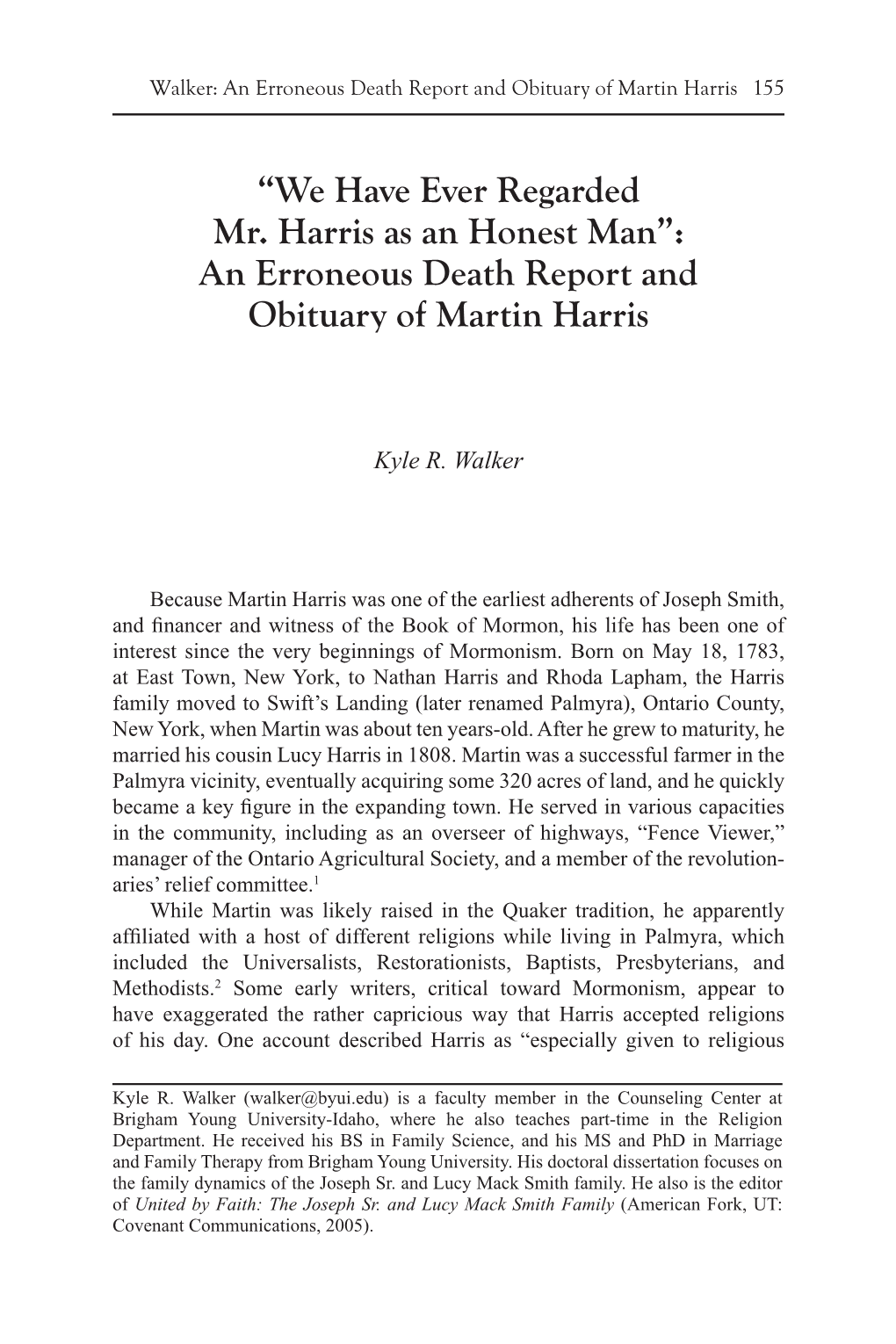 We Have Ever Regarded Mr. Harris As an Honest Man”: an Erroneous Death Report and Obituary of Martin Harris