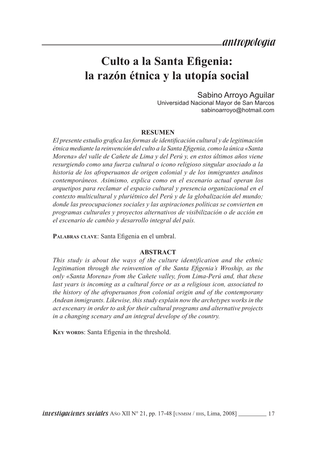 Culto a La Santa Efigenia: La Razón Étnica Y La Utopía Social