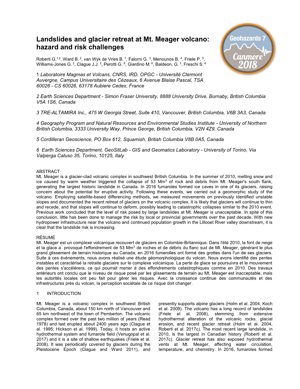 Landslides and Glacier Retreat at Mt. Meager Volcano: Hazard and Risk Challenges