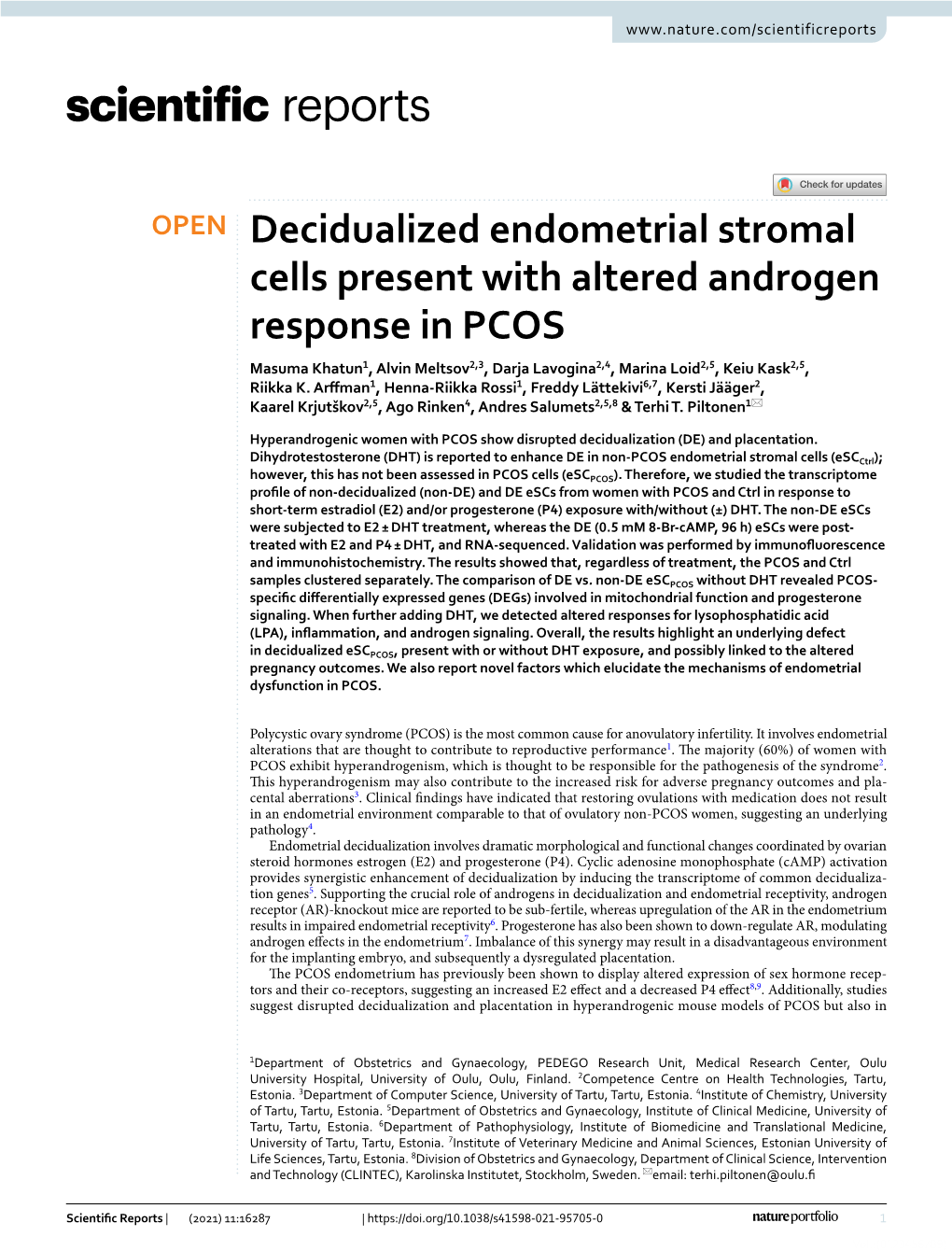 Decidualized Endometrial Stromal Cells Present with Altered Androgen Response in PCOS