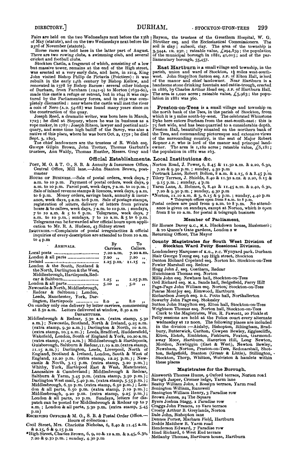 DURHAM. ·STOCKTON-UPON-TEES 299 Fairs Are Held on the Two Wednesdays Next Before the 13Th Rayson, the Trustees of the Greatham Hospital, W'