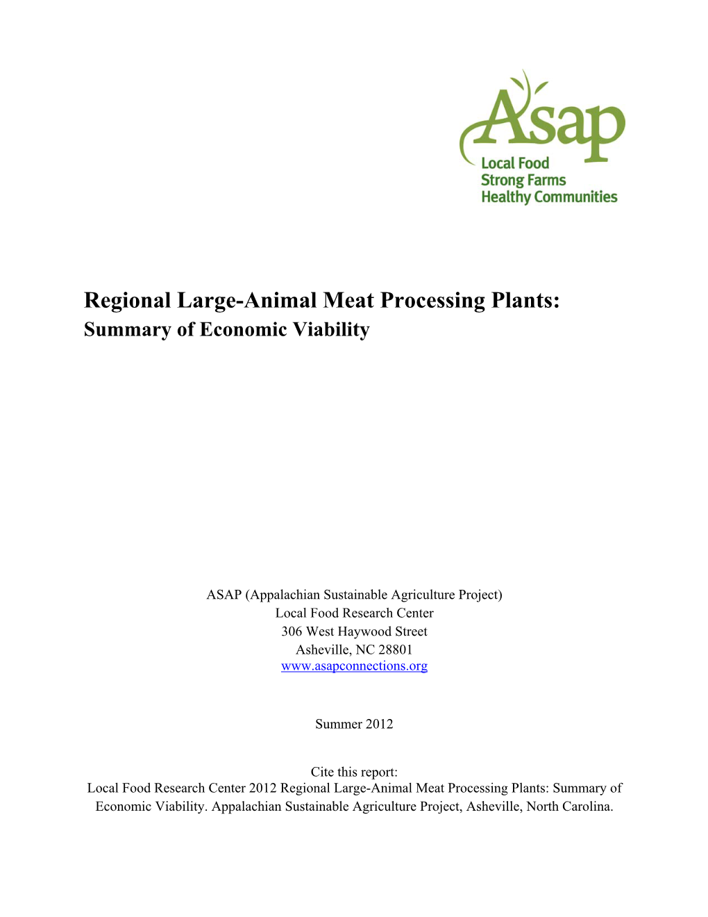 Regional Large-Animal Meat Processing Plants: Summary of Economic Viability