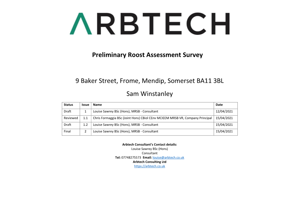 Preliminary Roost Assessment Survey 9 Baker Street, Frome