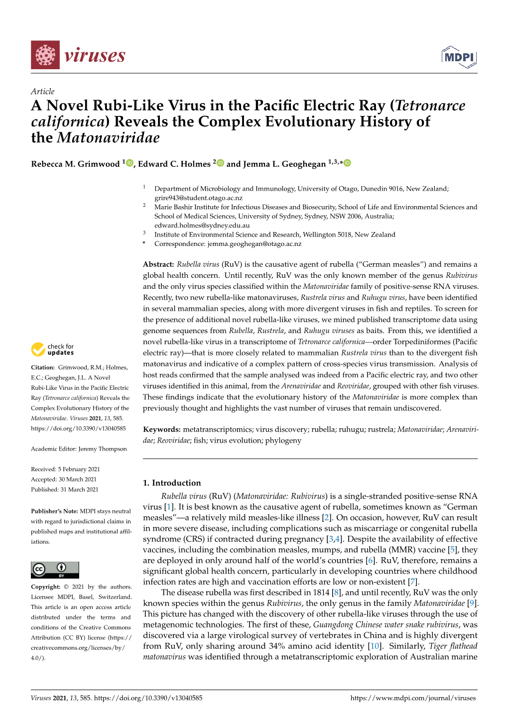 A Novel Rubi-Like Virus in the Pacific Electric