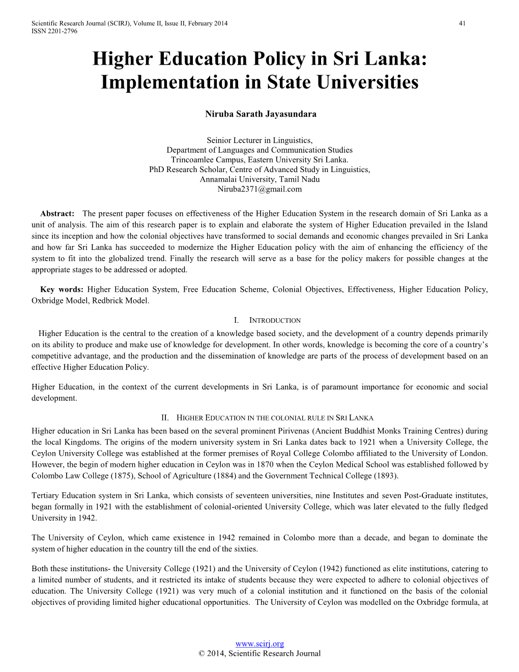 Higher Education Policy in Sri Lanka: Implementation in State Universities