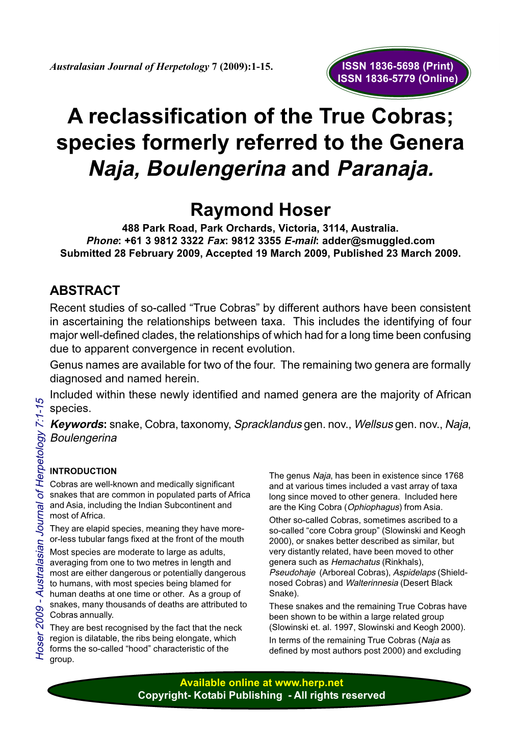 Species Formerly Referred to the Genera Naja, Boulengerina and Paranaja