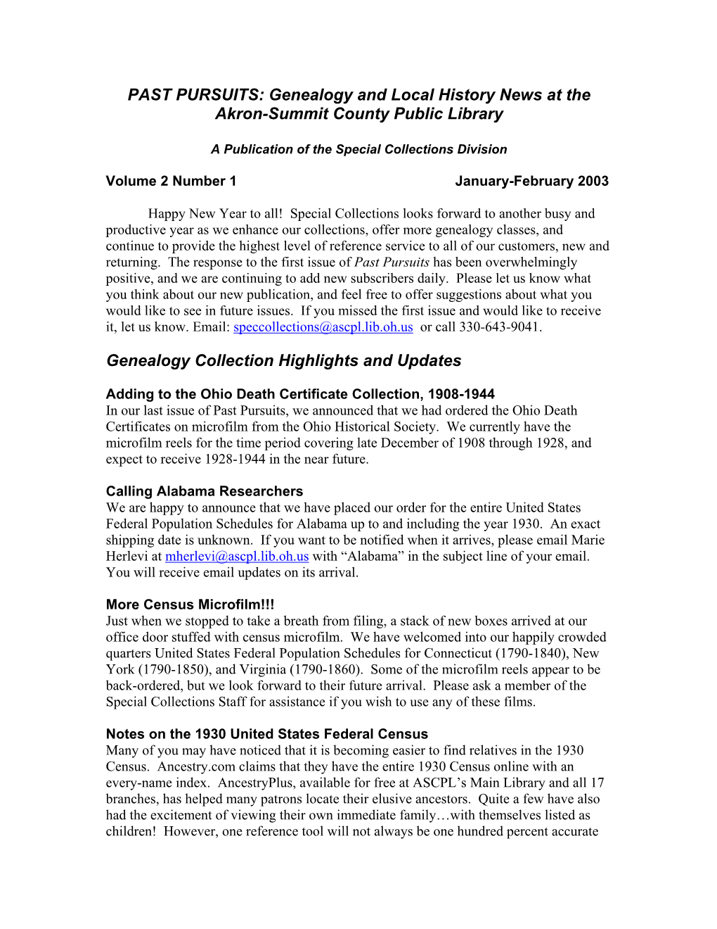 PAST PURSUITS: Genealogy and Local History News at the Akron-Summit County Public Library