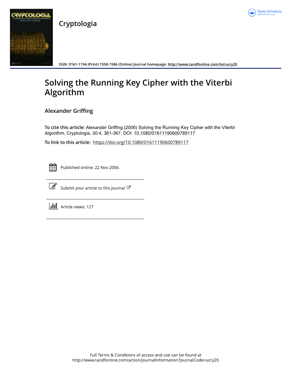 Solving the Running Key Cipher with the Viterbi Algorithm