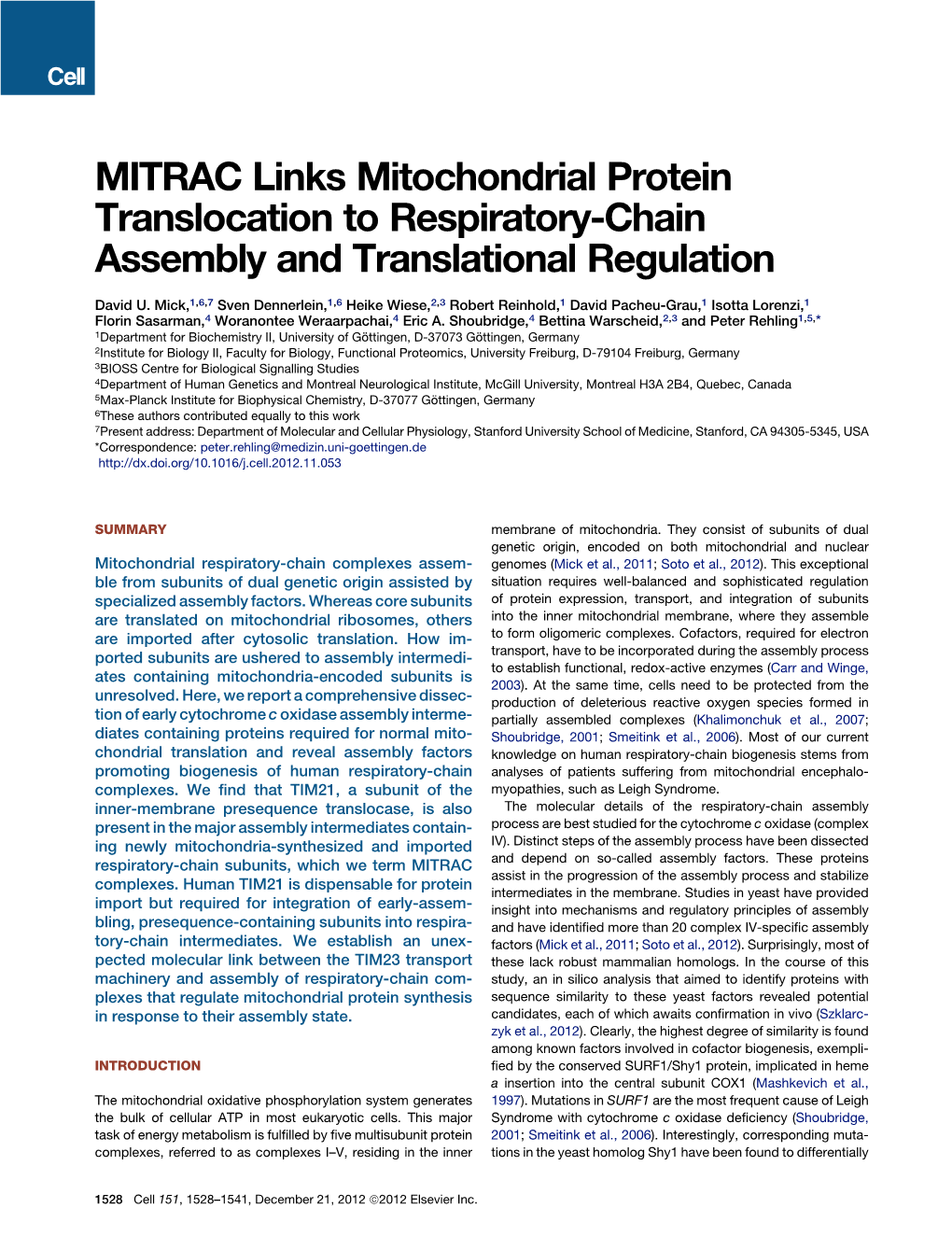 MITRAC Links Mitochondrial Protein Translocation to Respiratory-Chain Assembly and Translational Regulation