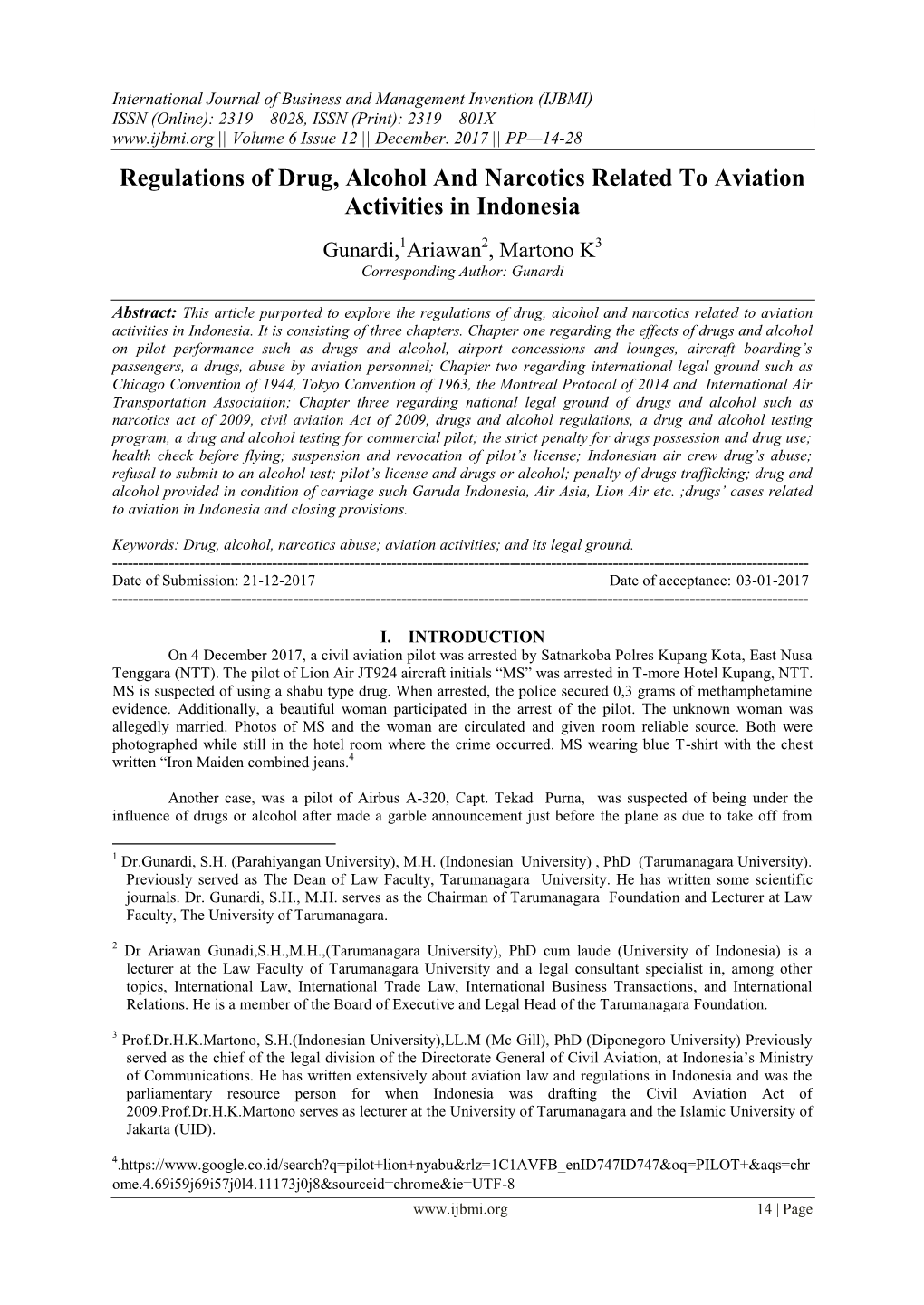 Regulations of Drug, Alcohol and Narcotics Related to Aviation Activities in Indonesia