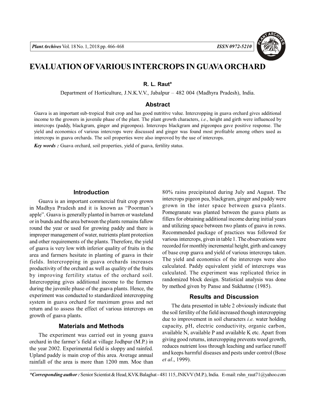 Evaluation of Various Intercrops in Guava Orchard