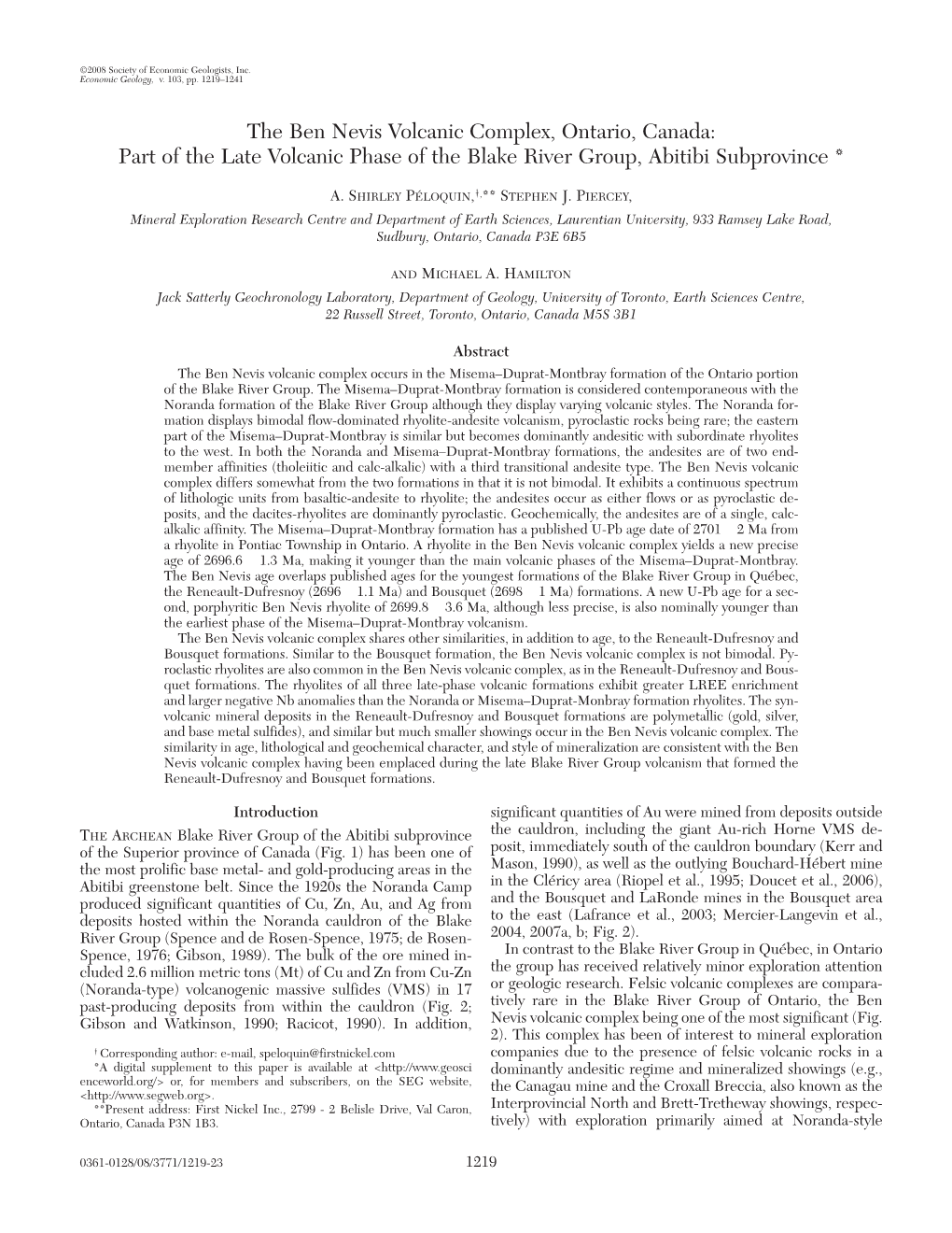 The Ben Nevis Volcanic Complex, Ontario, Canada: Part of the Late Volcanic Phase of the Blake River Group, Abitibi Subprovince *