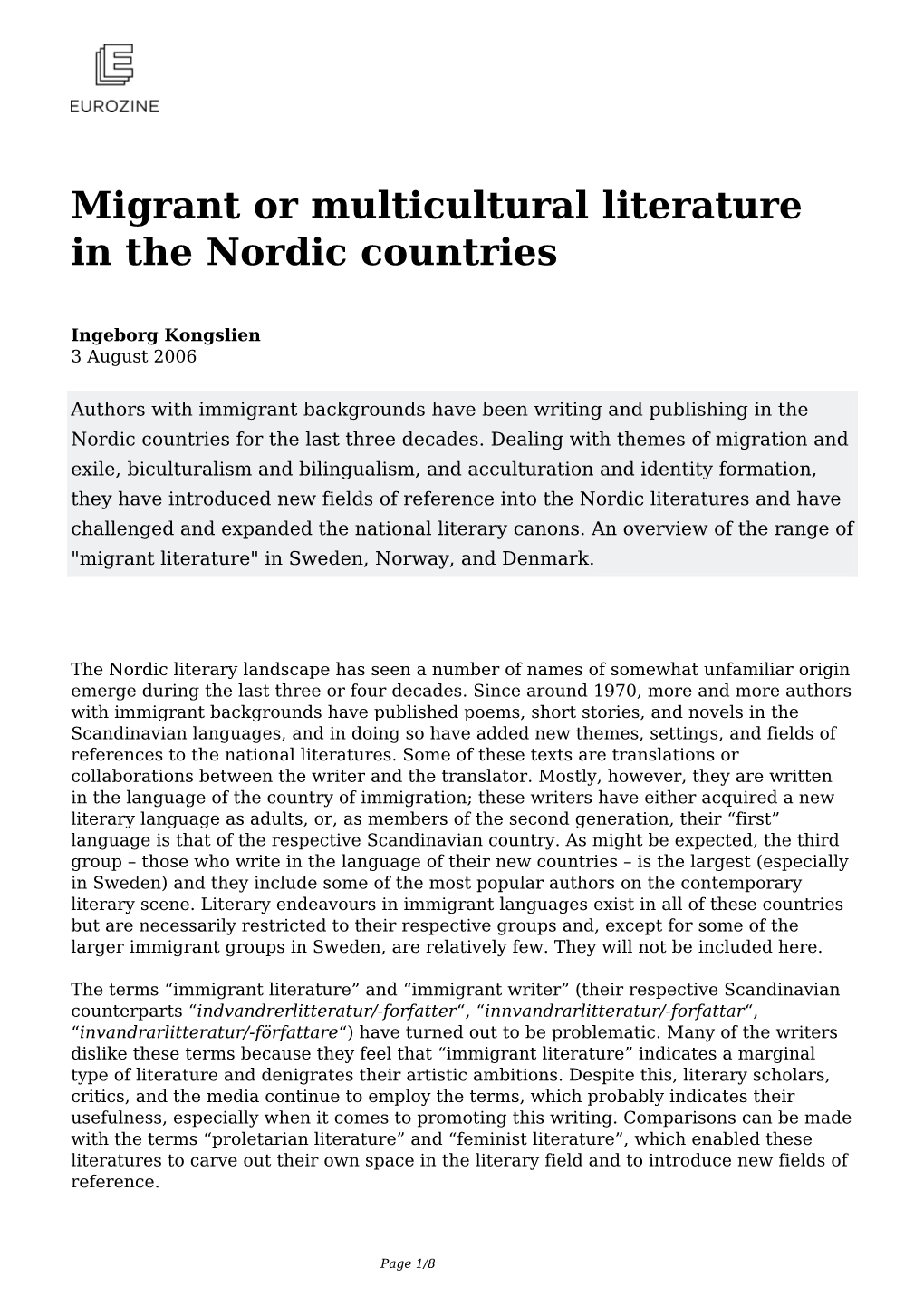 Migrant Or Multicultural Literature in the Nordic Countries