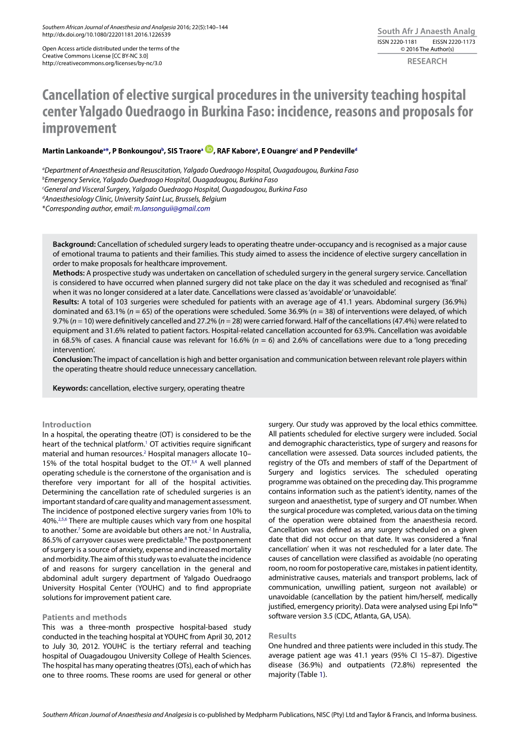 Cancellation of Elective Surgical Procedures in the University Teaching Hospital Center Yalgado Ouedraogo in Burkina Faso