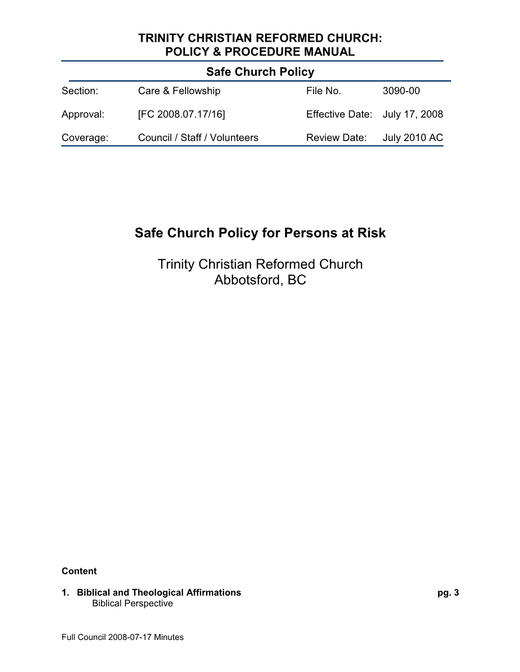 Safe Church Policy for Persons at Risk