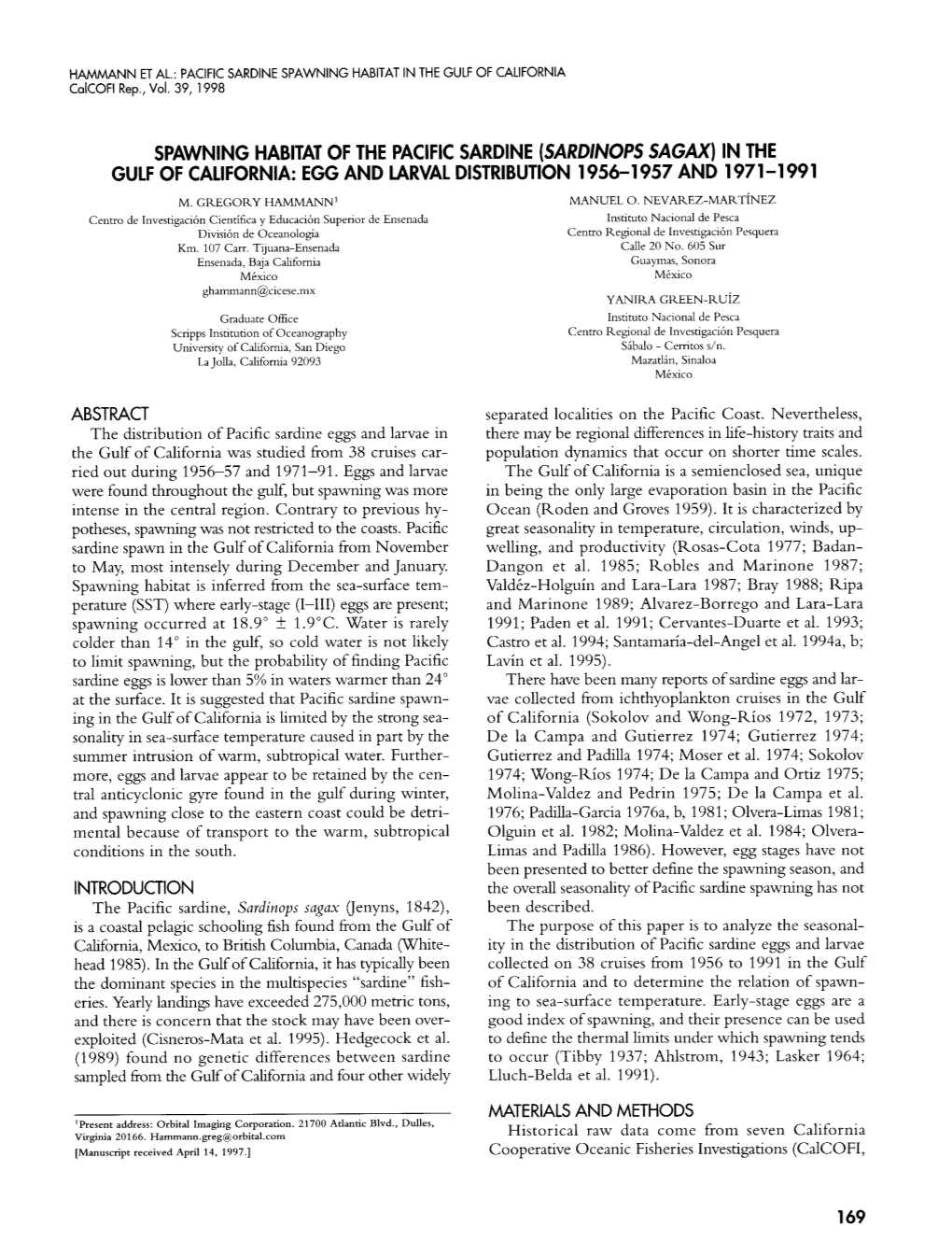 Spawning Habitat of the Pacific Sardine (Sardinops Sagax) in the Gulf of California: Egg and Larval Distribution 1956-1 957 and 1971-1 991 M