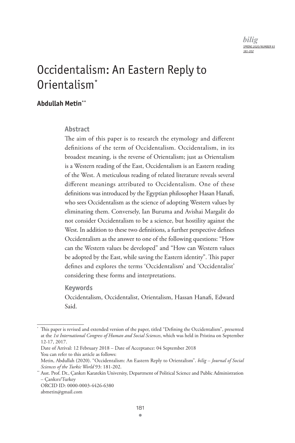 Occidentalism: an Eastern Reply to Orientalism*