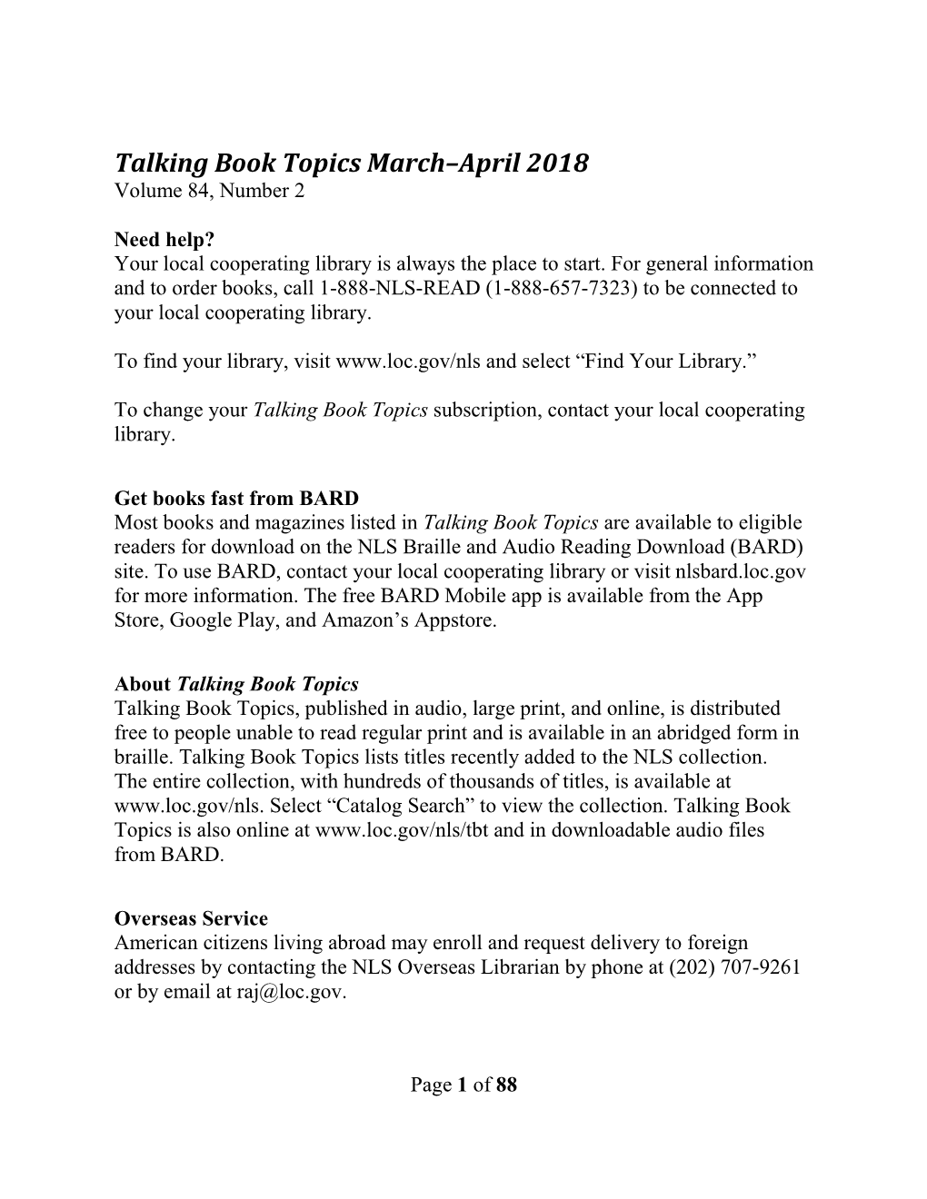 Talking Book Topics, March-April 2018