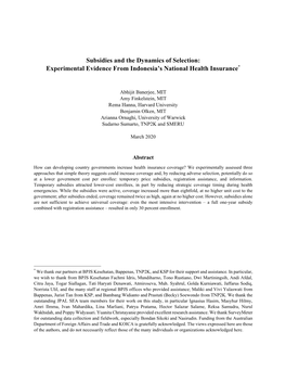 Subsidies and the Dynamics of Selection: Experimental Evidence from Indonesia’S National Health Insurance*