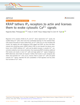 KRAP Tethers IP3 Receptors to Actin and Licenses Them to Evoke Cytosolic Ca2+ Signals ✉ ✉ Nagendra Babu Thillaiappan 1,2 , Holly A
