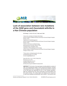 Lack of Association Between Rare Mutations of the SIAE Gene and Rheumatoid Arthritis in a Han Chinese Population