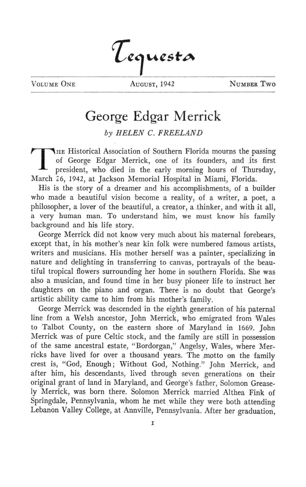 George Edgar Merrick, Tequesta