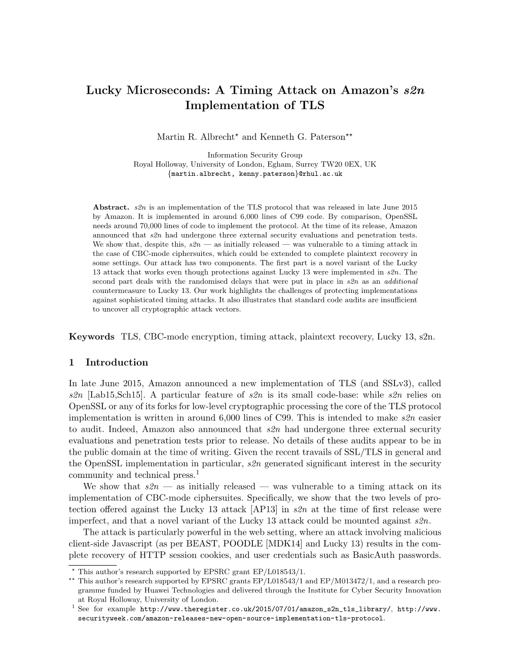 Lucky Microseconds: a Timing Attack on Amazon's S2n Implementation Of