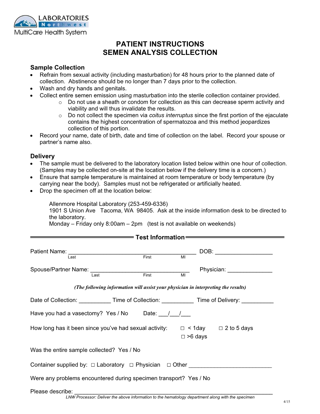 Patient Instructions Semen Analysis Collection