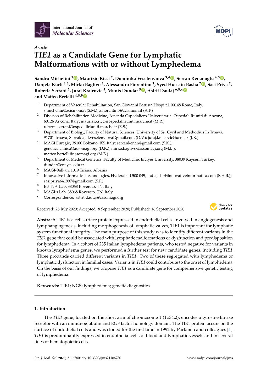 TIE1 As a Candidate Gene for Lymphatic Malformations with Or Without Lymphedema